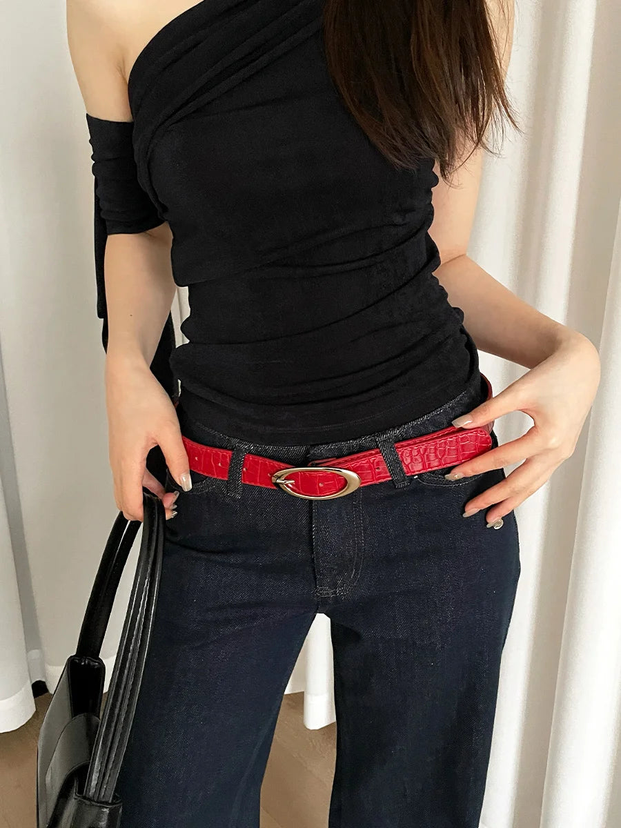 Fashionable Korean Style With Lychee Pattern Women's Belt 2025 Red High-End Versatile Simple Ins Style Decoration Belt Trend