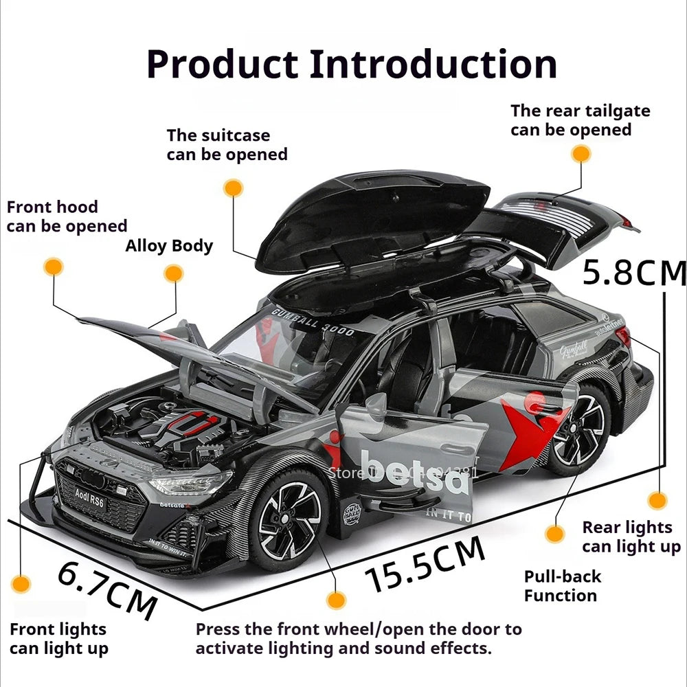 1:32 Scale RS6 RS7 Alloy Sport Car Models Diecast Toys Doors Opened with Sound Light Pull Back Miniature Vehices Christmas Gifts