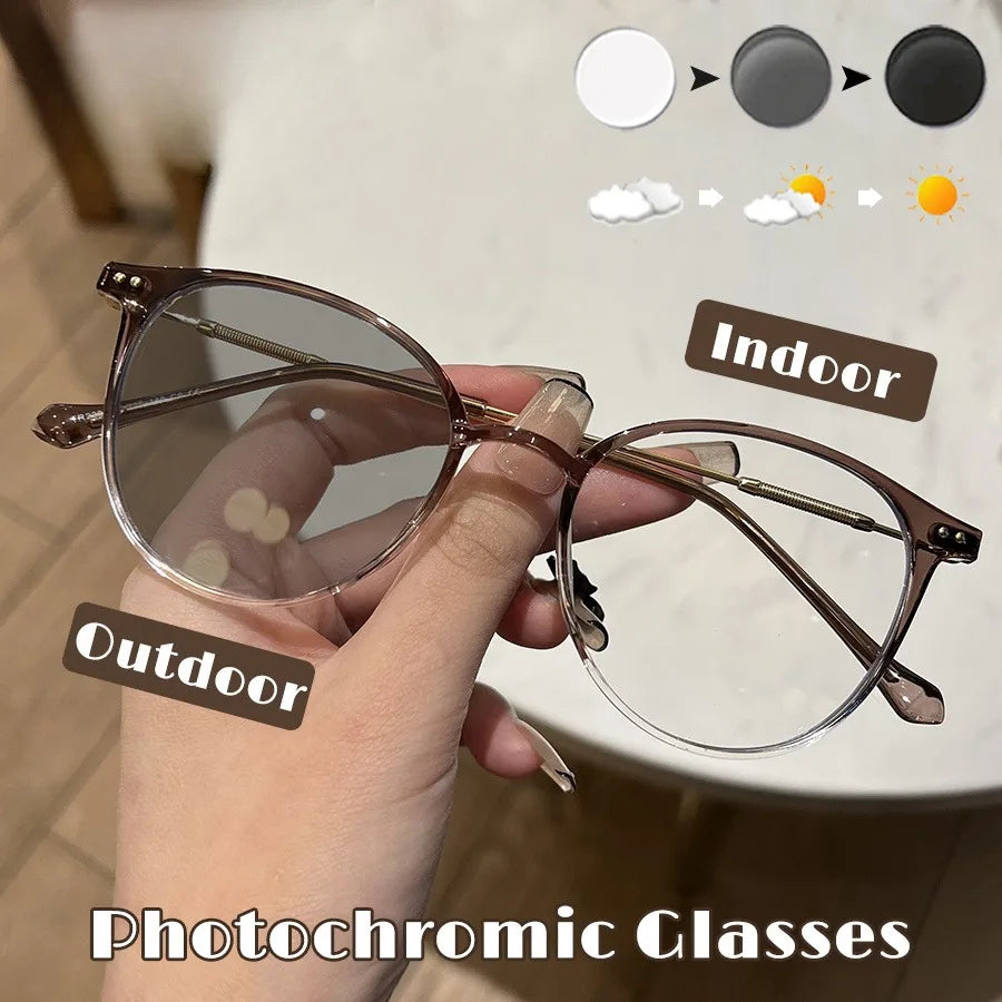 Photochromic Outdoor Fashion Glasses  Unisex Stylish Round Frame with Metal Hinges Transition Lenses for Indoor & Outdoor Use