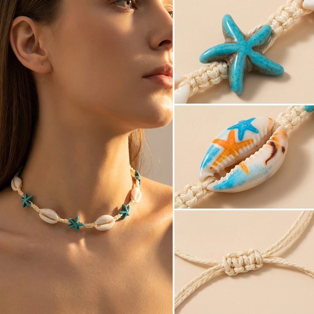 2026 Summer Boho Cowrie Shell Choker Necklace for Women Girls Y2K Cute Blue Starfish Beads Collar Beach Vacation Jewelry Gift