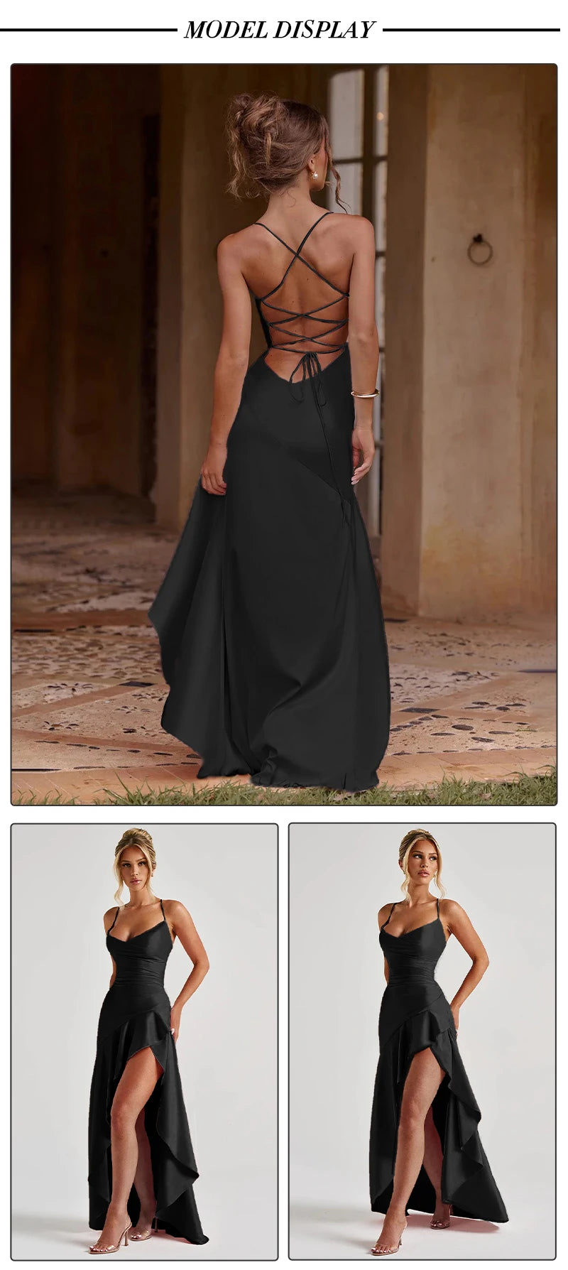 Women Elegant Black Satin Maxi Dress, Crisscross Spaghetti Straps, High Dress