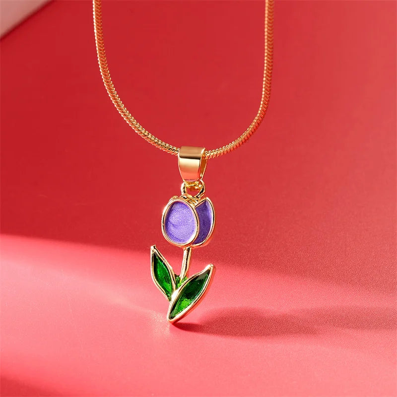 Vintage Elegant Tulip Flower Pendant Necklace for Women Fashion Aesthetic Flowers Clavicle Chain Choker Wedding Party Jewelry