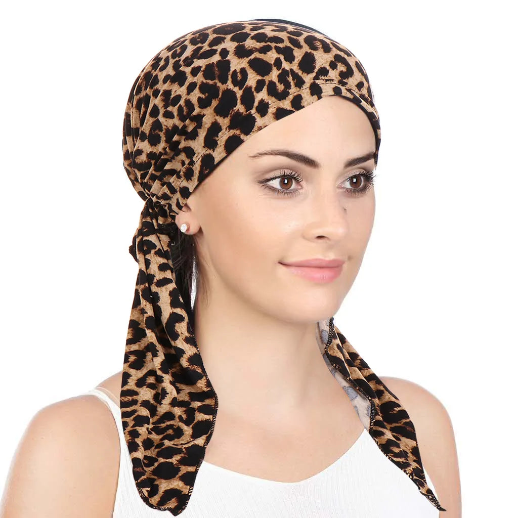 Trendy Print Women Muslim Hijab Caps Wrap Head Soft Elastic Long Tail Turban Bonnet Fashion Headdress Wearable