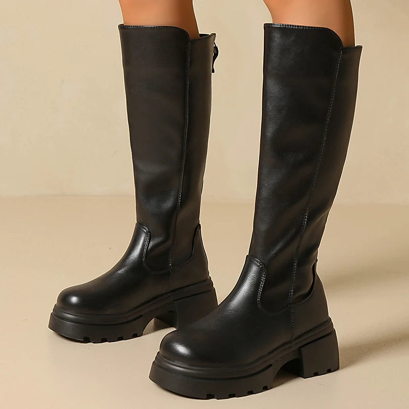 Streetwear Chunky Platform Knee High Boots Women Back Zipper High Heel Pu Leather Boots Woman Plus Size 42 Thick Sole Long Botas