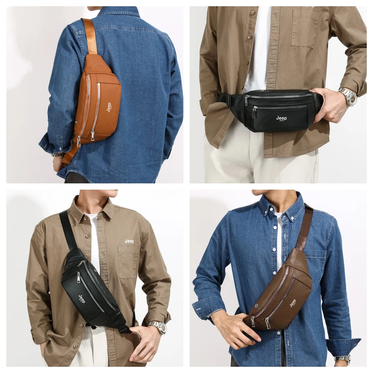 JEEP BULUO Brand Men's Chest Bag Genuine Leather Casual Shoulder Crossbody Bags
