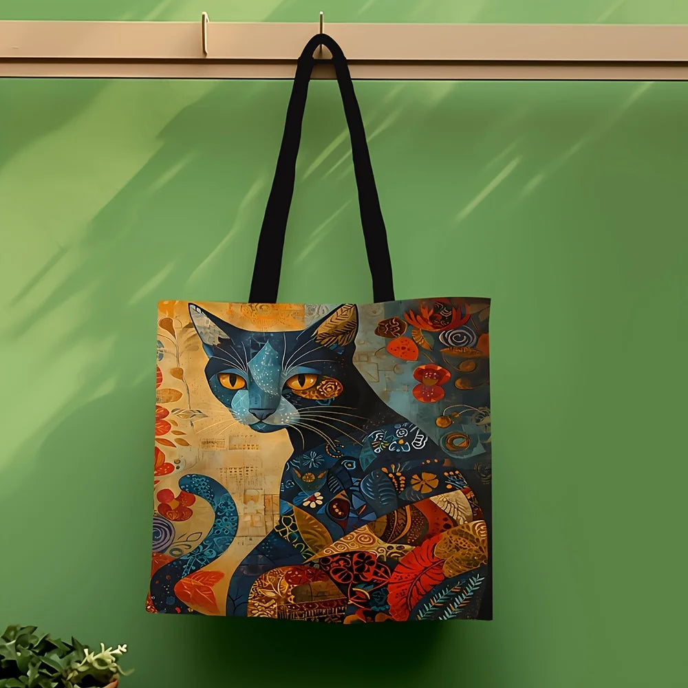Abstract Cat Tote Bag, Cute Quirky Small Animal Shoulder Bag, Linen Eco Handbag