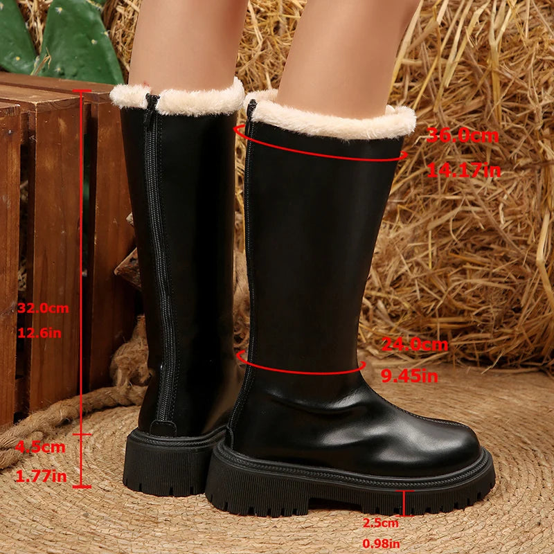 Autumn Winter Short Plush Platform Long Boots Women Zip Pu Leather Fluffy Knee High Boots Woman Plus Size 42 Warm Riding Botas