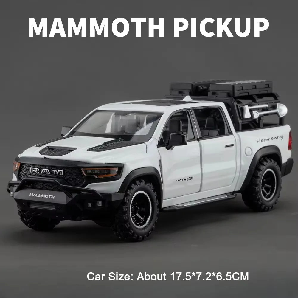 1:32 Scale Ram TRX Mammoth Pickup Car Model Diecast Alloy Toys with Sound Light Pull Back Doors Opened Camper Van Children's Toy