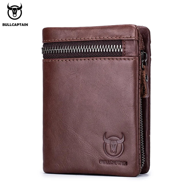 BULLCAPTAIN Short Tri-Fold Buckle Zipper Wallet Men's Cow Leather Wallet Coin Purse Money Bag Business Card Holder RFID Holder