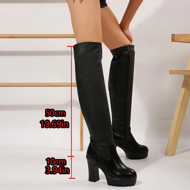 Super High Heels Black Over The Knee Boots Women Pu Leather Chunky Platform Long Boots Woman Side Zipper Fleece Punk Botas Mujer