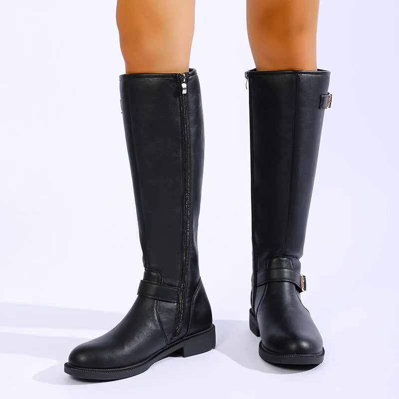 Fashion Buckle Pu Leather Knee High Boots Women Plus Size 43 Low Heels Long Boots Woman 2026 Side Zipper Punk Goth Botas Mujer