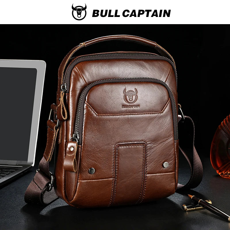 BULLCAPTIAN Men's Genuine Leather Shoulder Bag Multi functional Handheld Postman Bag Double layer 7.9-inch Computer Shoulder Bag