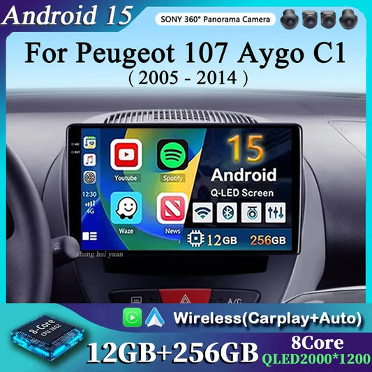 For Peugeot 107 Toyota Aygo Citroen C1 2005-2014 Carplay Auto Android 15 Car Radio Multimedia Video Player Navigation 4G WIFI