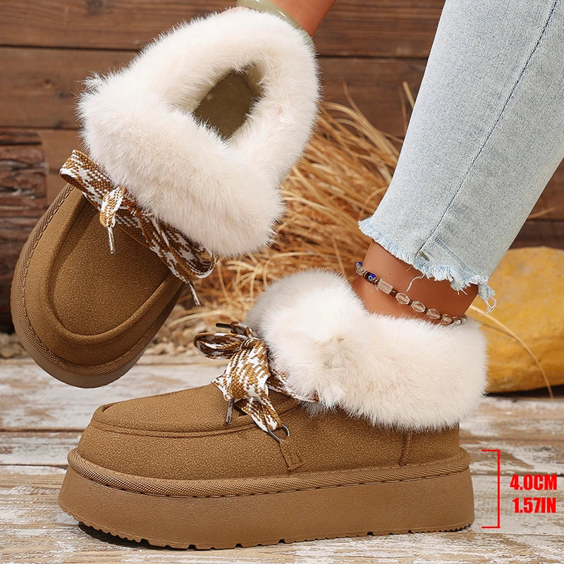 Faux Fur Thick Bottom Snow Boots Women Cross Lace Up Thicken Plush Warm Winter Boots Woman Slip On Platform Ankle Booties Mujer