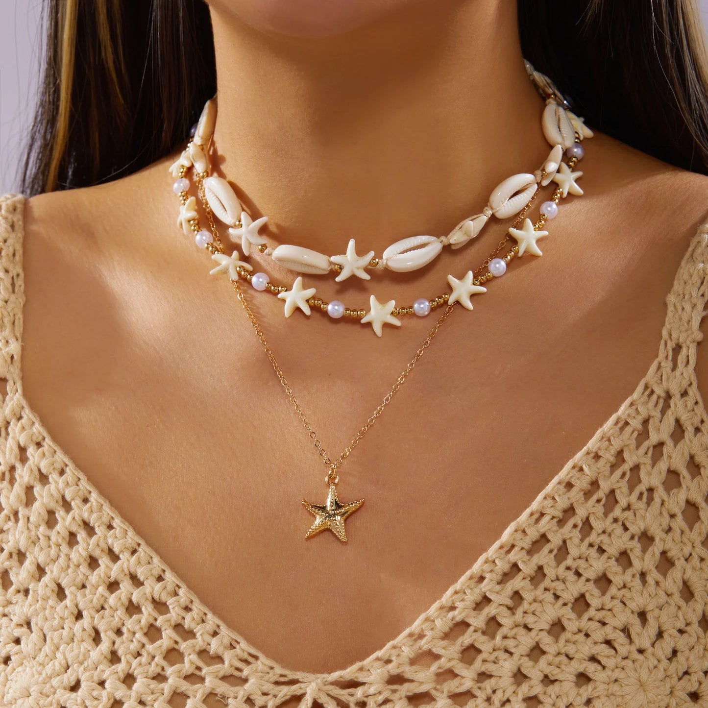 3Pcs Ocean Starfish Shell Conch Seed Bead Choker Layered Summer Beach Vacation Necklace Set