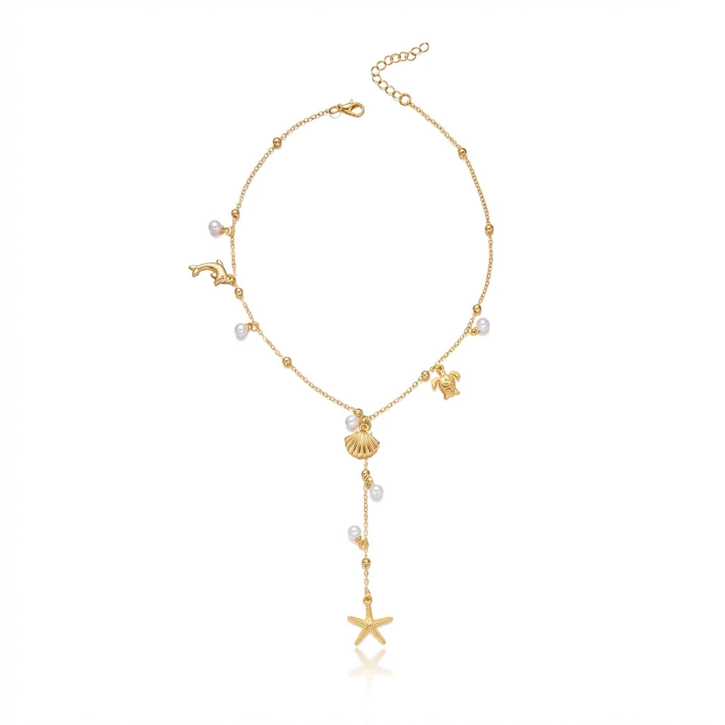 Bohemian Starfish Shell Turtle Pearl Tassel Necklace For Women Summer Beach Multi-element Jewelry