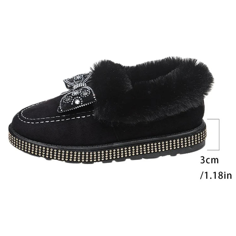 Bowknot Crystal Detor Snow Boot Women Winter Slip On Furry Snow Boots for Woman Round Toe Short Plush Warm Booties Laides