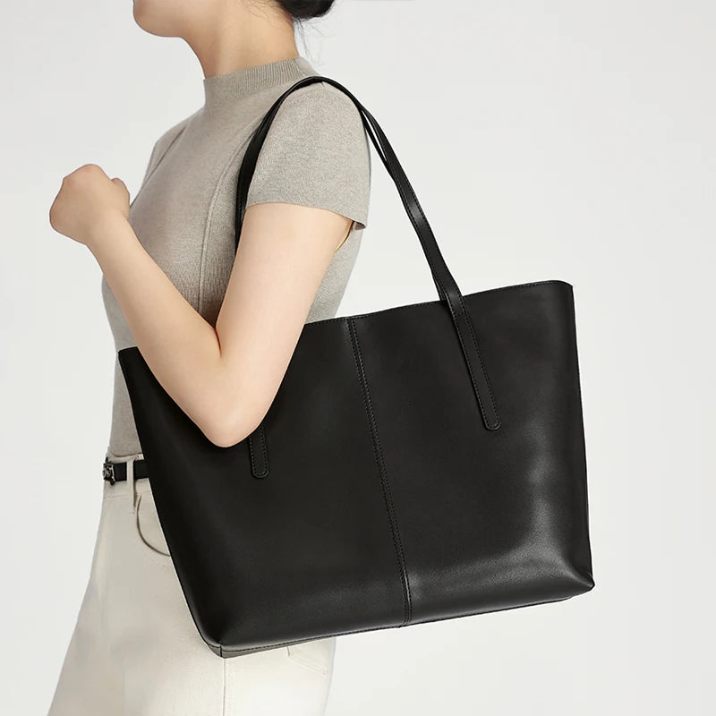Genuine Cowhide Leather Tote Bag for Women Minimalist Large Capacity Shoulder Bag for Work & Daily Fashion Soft Leather Handbags