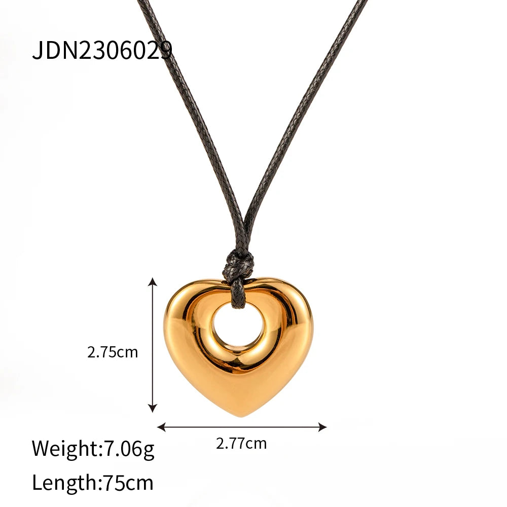 Uworld Fashion Trend 18k Gold Color Plated Stainless Steel Oversized Hammer Pattern Pendant Black Wax Rope Necklace Women's Acce