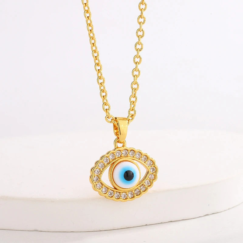 Minimalist Dainty Zircon Evil Eye Necklace for Women Gold Plated Stainless Steel Chain Blue Eye Pendant Daily Wear Jewelry Gift