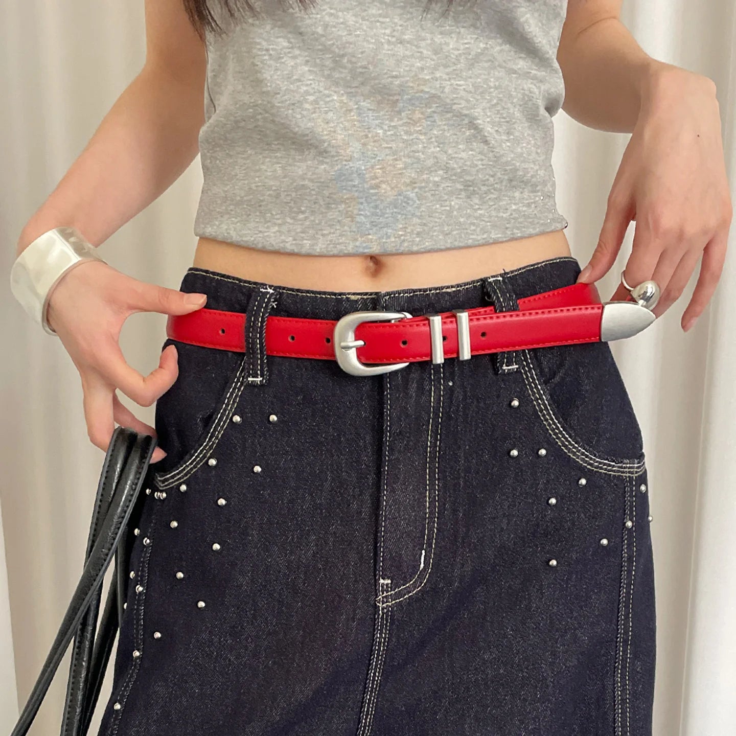 Women's 2025 New Red Cowhide Leather Belt With A Sense Of Design Suitable For Jeans Fashionable And Versatile Belt To Trim The