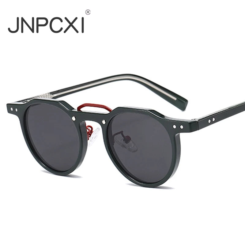 JNPCXI New Round Sunglasses Women Rivets Punk Gray Shades UV400 Fashion Men Clear Anti Blue Light Glasses Frame