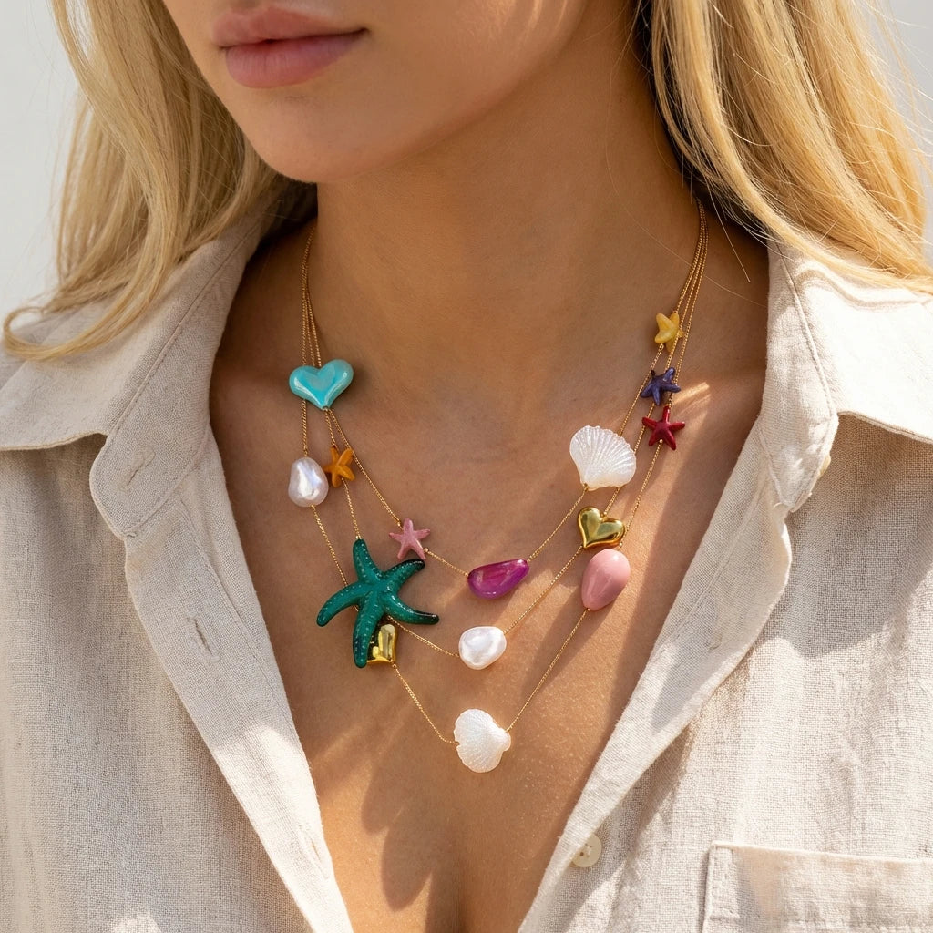 Boho Tropical Beach 3 Layer Necklace for Women Gold Color Colorful Resin Starfish Heart Shell Summer Vacation Jewelry