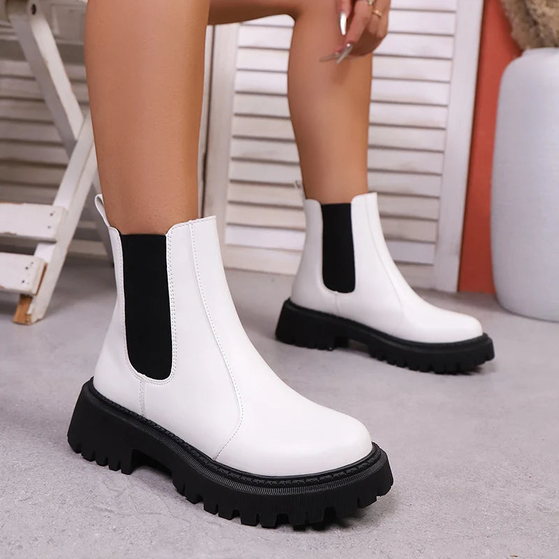 Black Pu Leather Platform Chelsea Boots Women Fashion Elastic Band Thick Sole Ankle Boots Woman Plus Size 42 Short Booties Mujer