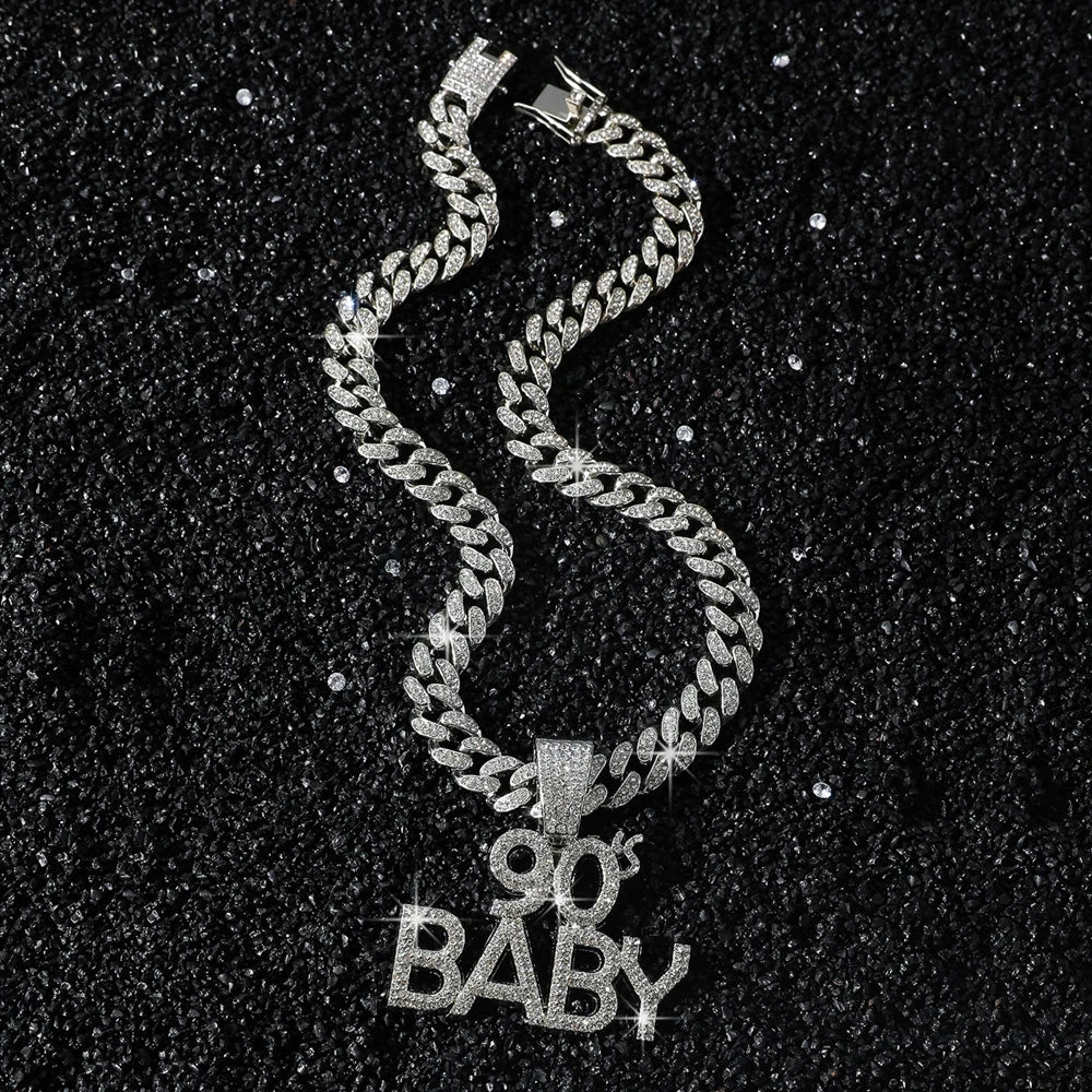 Men Women Hip Hop Full Rhinestone 90 BABY Letter Pendant Necklace Cuban Chain HipHop Iced Out Bling Necklaces Charm Jewelry Gift
