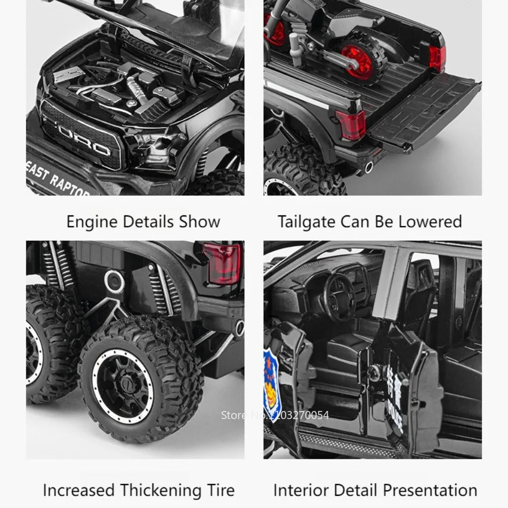 1/28 Raptor F150 Pickup Model Car Toys Diecast Alloy Off-road Police Cars 6 Doors Opened Sound Light Pull Back Toy For Kids Gift