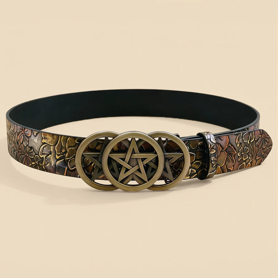 Gothic Pentagram Belt Women Vintage Metal Buckle Two-Tone Embossed Waist Cinch Fashion Accessory