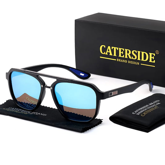 CATERSIDE New Polarized Sunglasses Men's Round Flat Top Double Bridges TR Frame Spring Hinge Women Sun Glasses Sports Driving