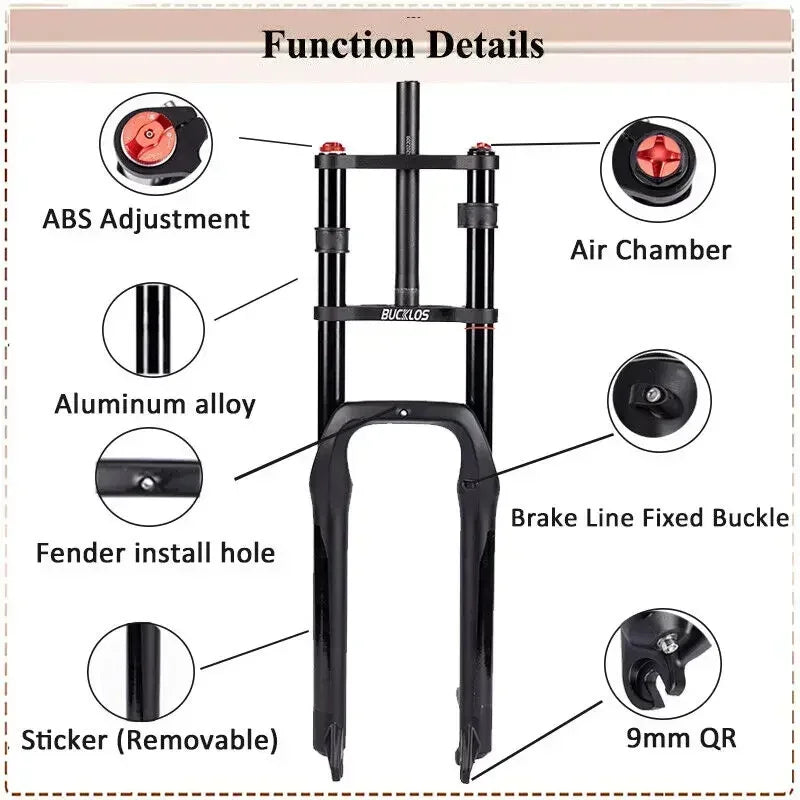 BUCKLOS E-bike Bike Air Supension Fork 26*4.0 Inch Snow Fatbike Front Fork Double Shoulder MTB Fork 135x9mm Travel Air Forks
