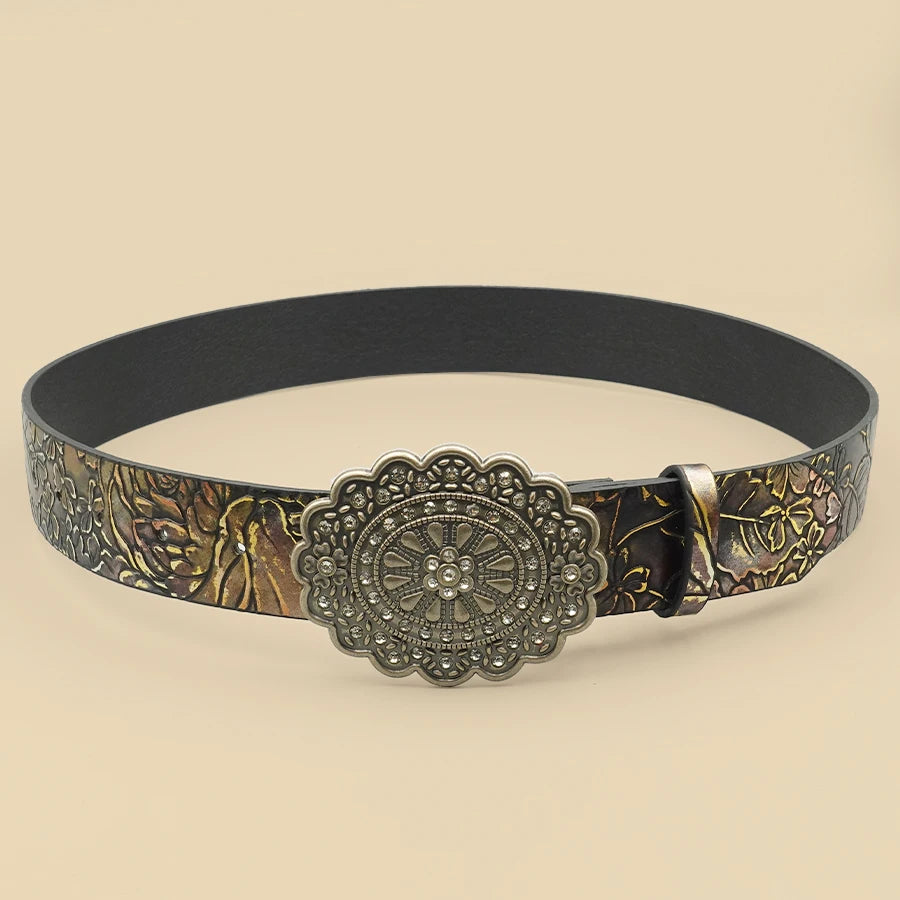 Elegant Vintage Women's Belt - Crystal Rhinestone & Leaf Pattern, Timeless Fashion for Casual Chic
