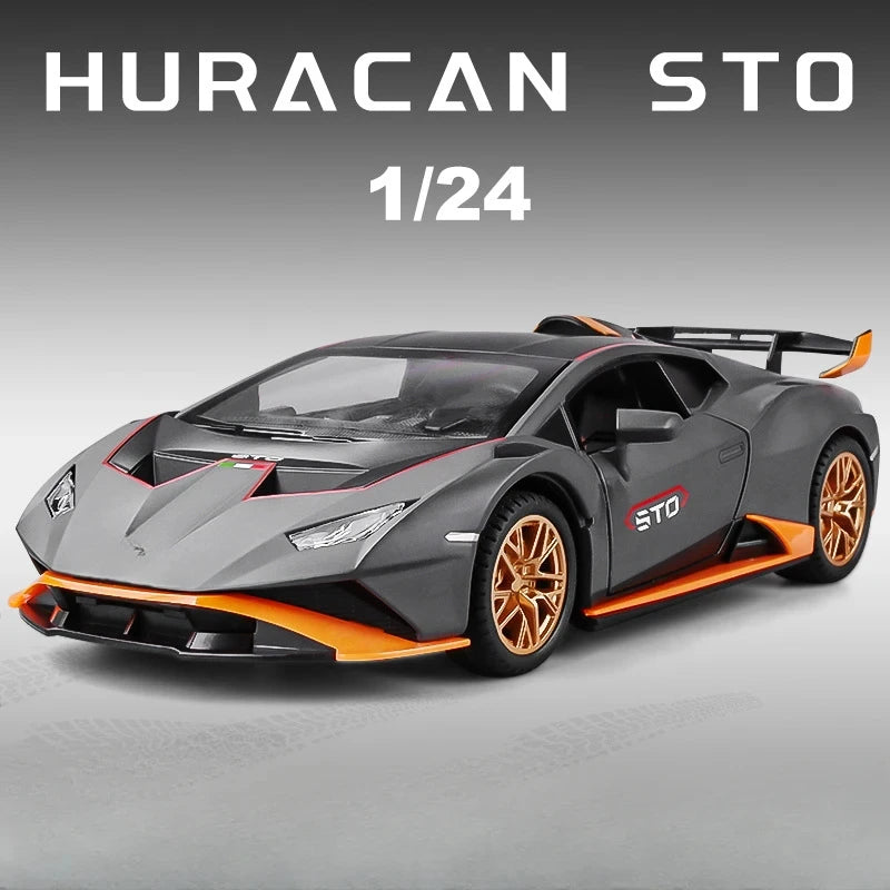 1/24 Scale Huracan STO 2021 Alloy Model Sport Car Toy Diecast Metal With Pull Back Sound light Vehicle for Kids Gifts Collection