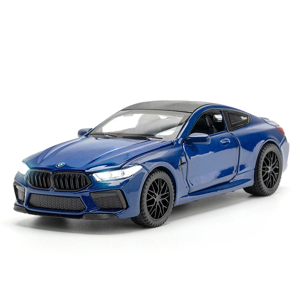 1/32 M8 Miniature Alloy Diecast Toys Car Model Sports Cars 4 Door Can Opened Sound Light Pull Back Vehicle Kids Festival Gift