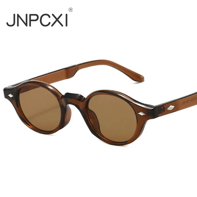 JNPCXI New Fashion Small Oval Women Sunglasses Retro Rivets Men Gray Green Shades UV400 Sun Glasses Trending Punk Sun Glasses