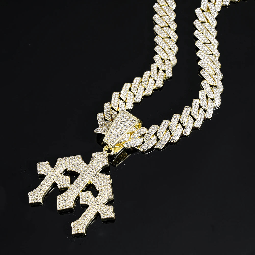 2026 New Men's Iced out Stacked Crosses Pendant Necklace Hip Hop Jewelry with exaggeration 13mm Cuban Chain Rhinestone Gift