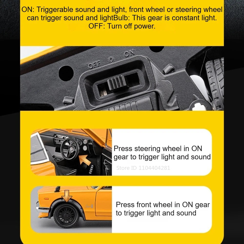 1:24 Skyline GTR R34 Car Model Alloy Diecast Toy Doors Opened Front Wheel Steering Sound Light Pull Back Cars Boys' Collectibles