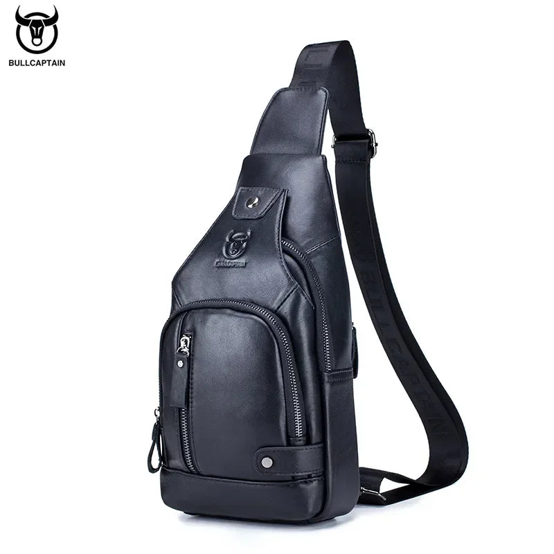 BULLCAPTAIN Leather Men's Chest Pocket One Crossbody Bags With USB Rechargeable Chest Bag Can Be Used For 7.9 Inch IPai Pockets