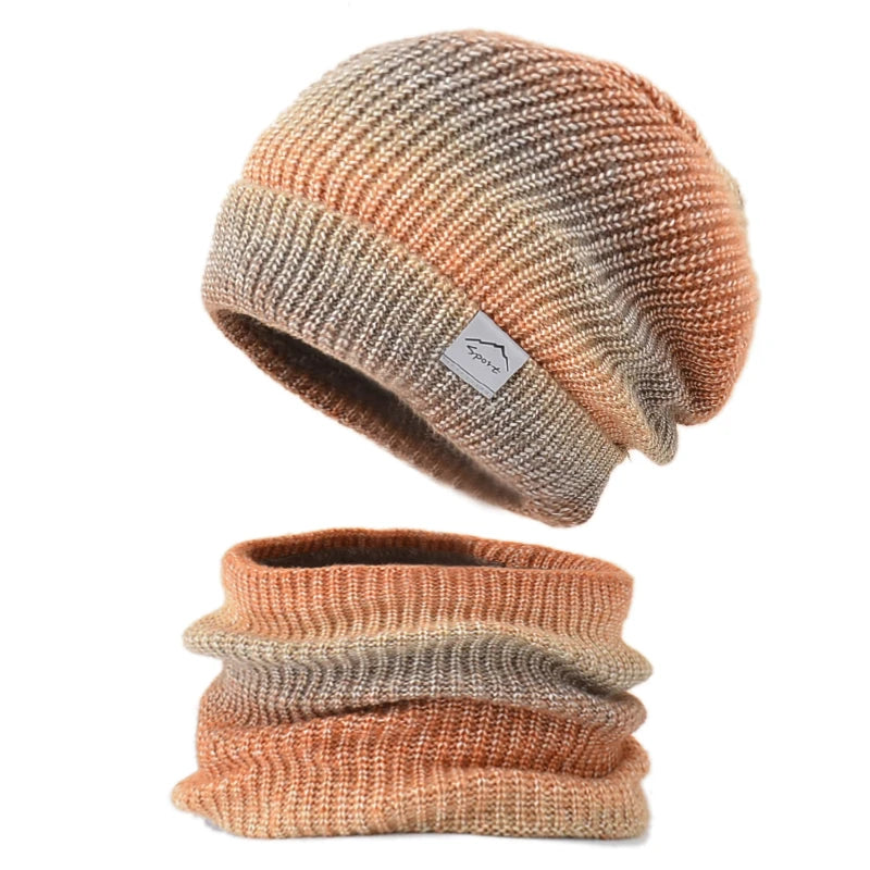 Xinbaoguan 60% acrylic 9859 Korean version gradient color thickened warm ear protection and cold proof knitted hat two-piece set