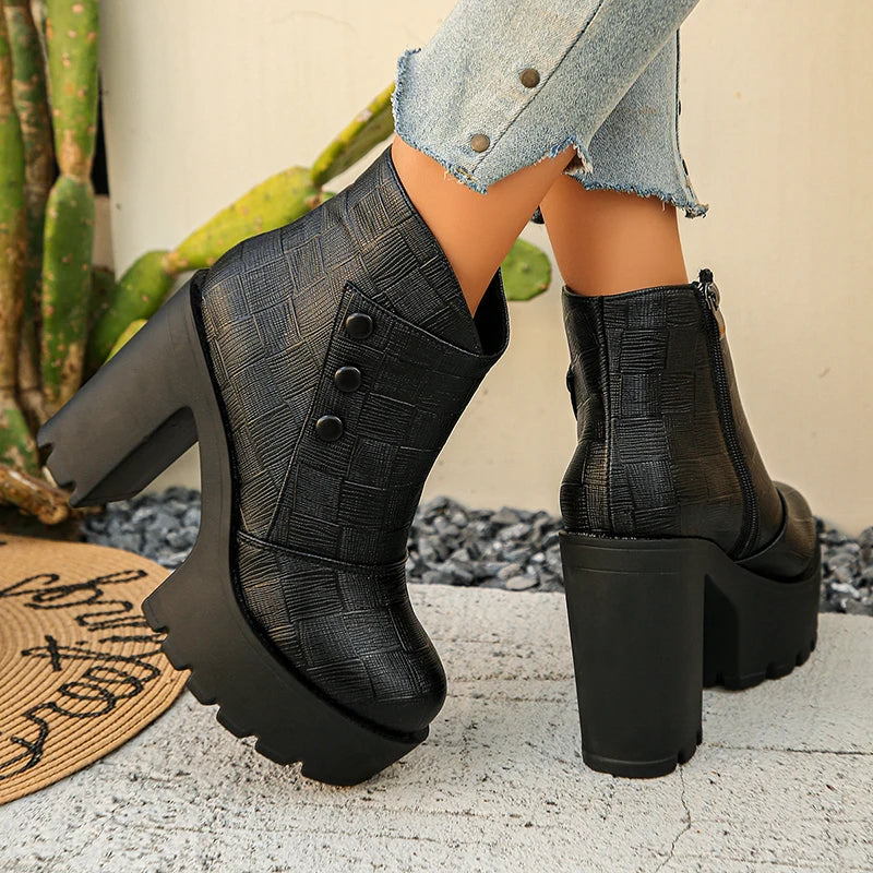 Fashion Black High Heels Ankle Boots Women Plus Size 42 Chunky Platform Short Booties Mujer Pu Leather Thick Heeled Boots Woman