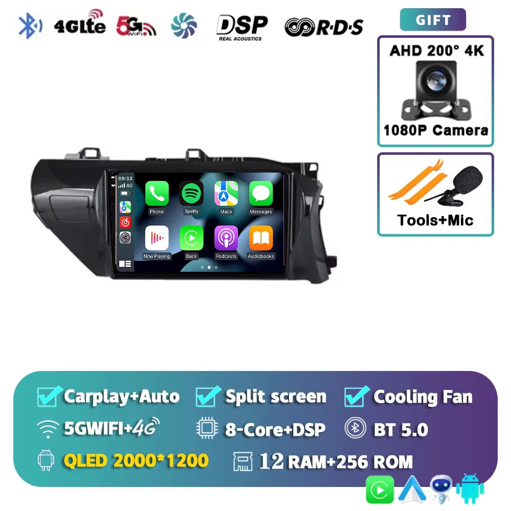 Car Radio For Toyota Hilux RHD 2015 2016 2017 2018 2020 2021 2023 Wireless Carplay Android Auto Multimedia Player Stereo WIFI 4G