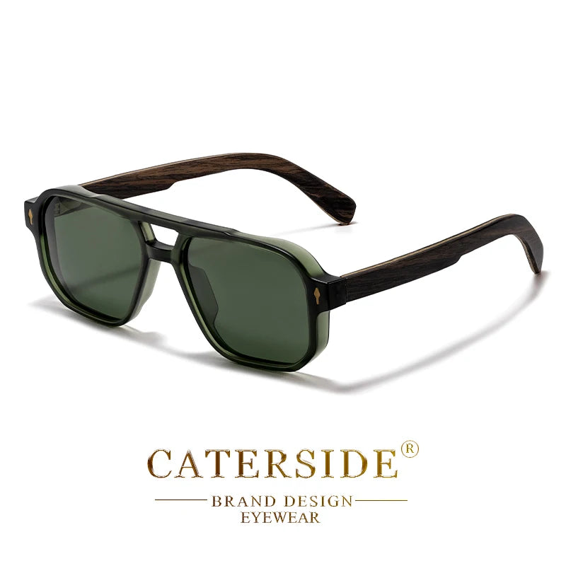 CATERSIDE Men's Polarized Pilot Sunglasses UV400 Premium Tr Frame & Wood Temple Retro Square Sun Glasses for Driving Fishing