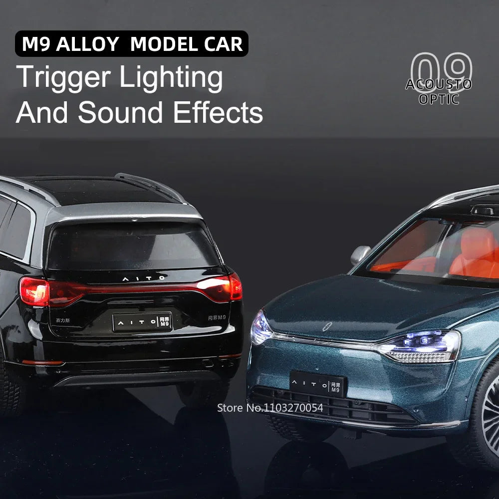 1:24 AITO M9 SUV Model Toys Car Alloy Metal Diecast Sound Light Pull Back 6 Door Opened Rubber Tire Vehicle Collectible Ornament
