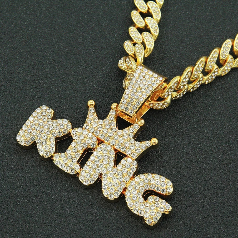 Hip Hop Crown with KING Letter Pendant Necklace For Men Crystal Cuban Chain Iced Out Bling Hiphop Necklaces Rock Biker Jewelry
