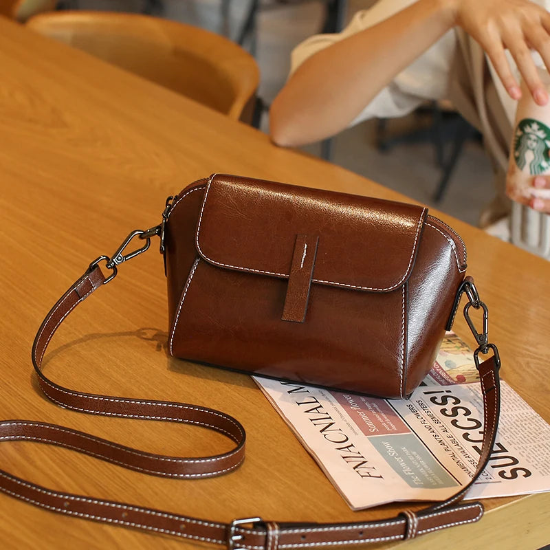 2025 New Female Oil Wax Cowhide Genuine Leather Crossbody Bag Fashionable Versatile Shoulder Shell Handbag Lady Casual Phone Bag