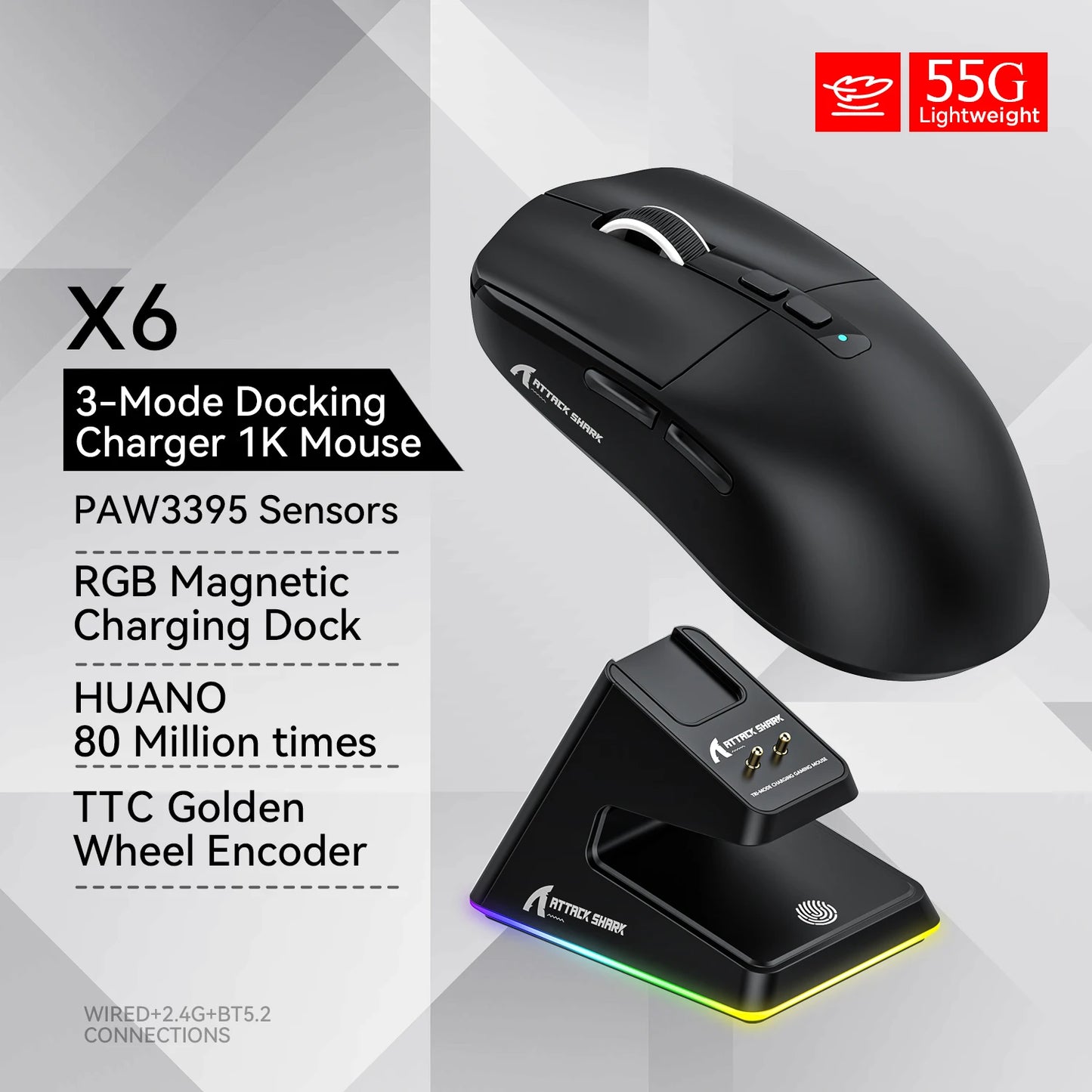 Attack Shark X6 PAW3395 Bluetooth Mouse,2.4 Tri-Mode, RGB Touch Magnetic Charger