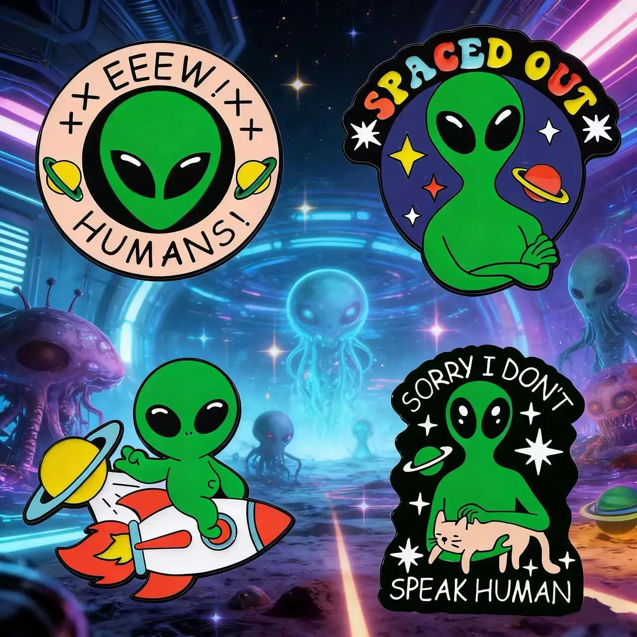 4PCS ET Alien Enamel Pin UFO We Come To Party Save A Horse Ride A Cow Funny Cowboy Western Brooches Lapel Backpack Badge Jewelry