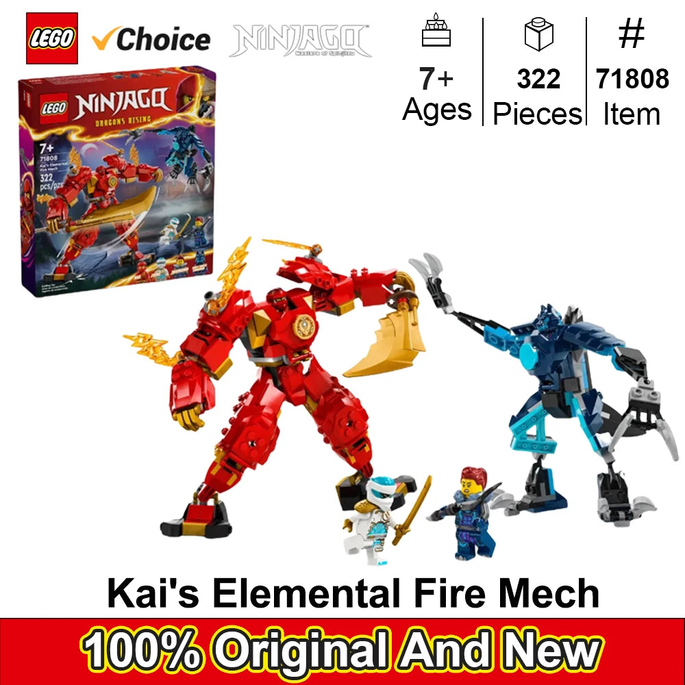 LEGO 71808 Kai’s Elemental Fire Mech, Mini Ninja Toy for Kids Red Ninja Figures